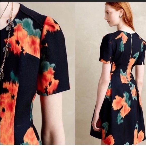 Anthropologie McGinn Poppy palette dress floral flowers cap sleeves structured 2 - Picture 1 of 12